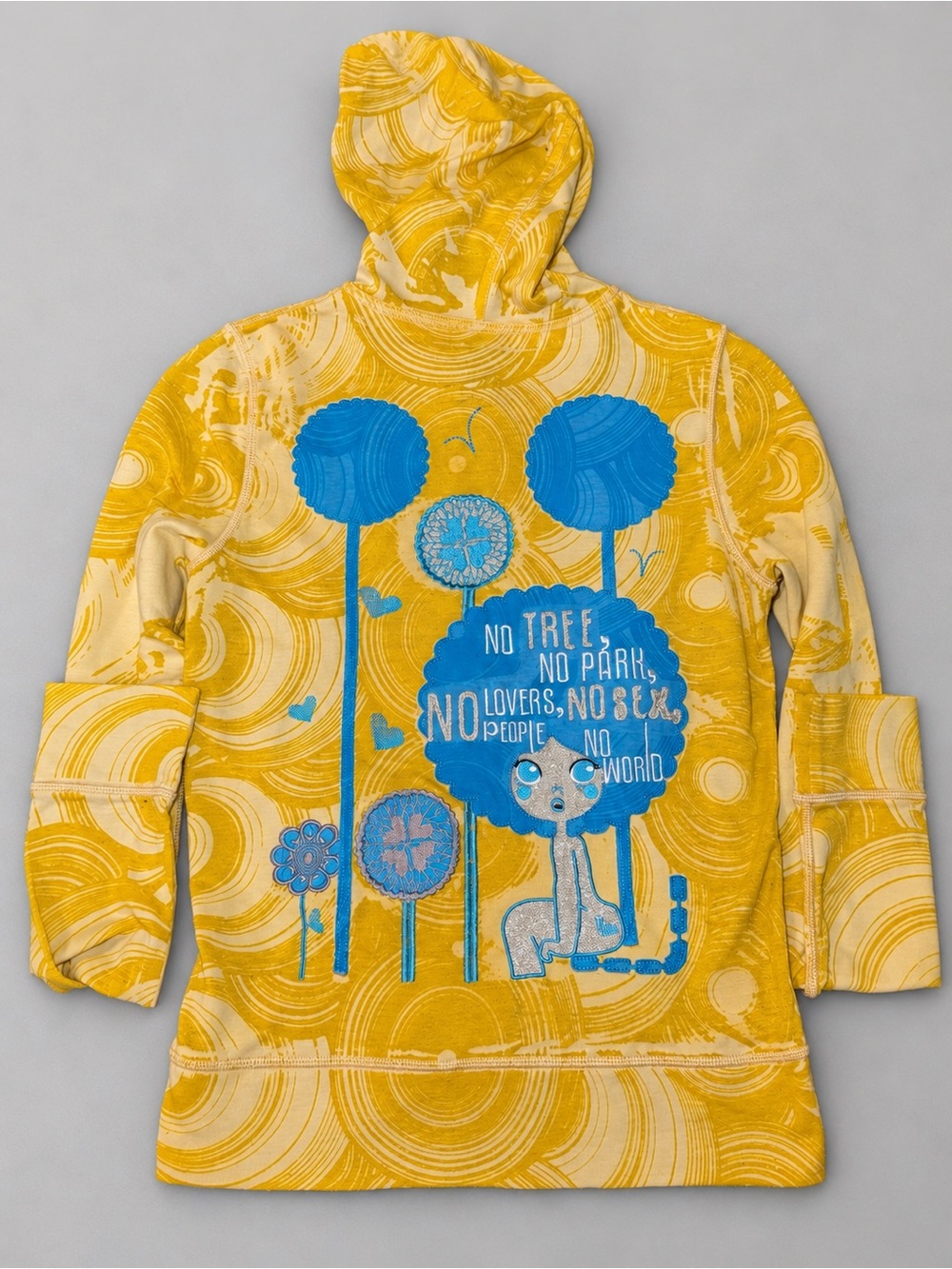 Custo Barcelona Yellow Hoodie with Blue Graphic Tree Motif